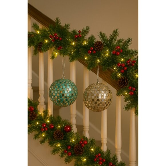 NEW Set of 2 Large Glass Mirror Disco Ball Ornaments with Rhinestones - Picture 2 of 16